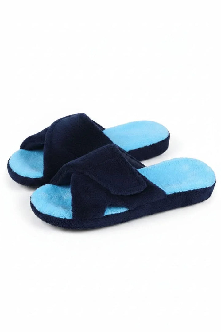 Front view of women's slip-on open-toe slippers with soft footbed.