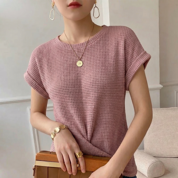 Women's amber textured long sleeve top with an elegant twist front design, perfect for versatile style.