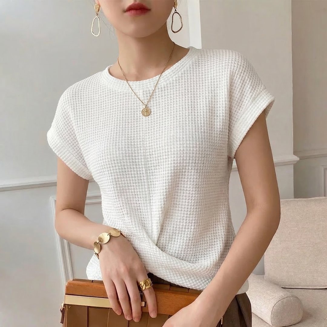 Chic amber textured twist front top for women, ideal for casual wear, layering, and everyday fashion.