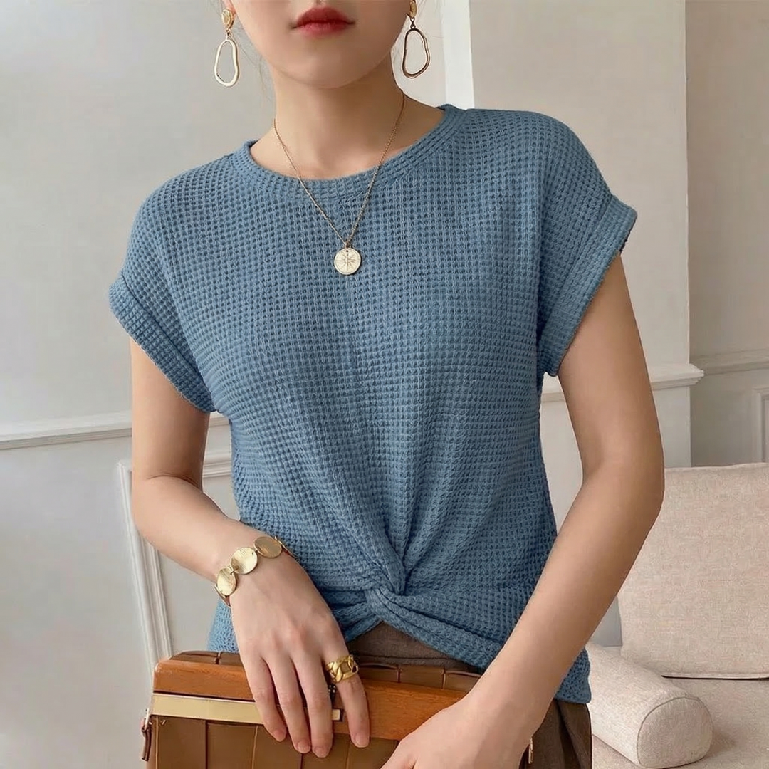 Versatile women's amber textured twist front top, suitable for both casual elegance and modern layering.