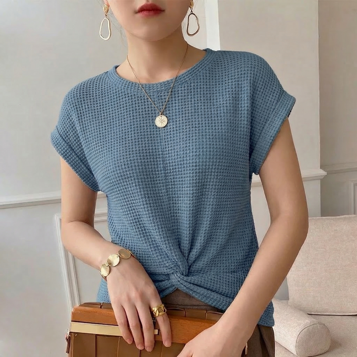Versatile women's amber textured twist front top, suitable for both casual elegance and modern layering.