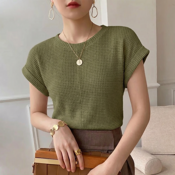 Modern amber textured twist front top, a comfortable and stylish addition to women's everyday fashion wardrobe.