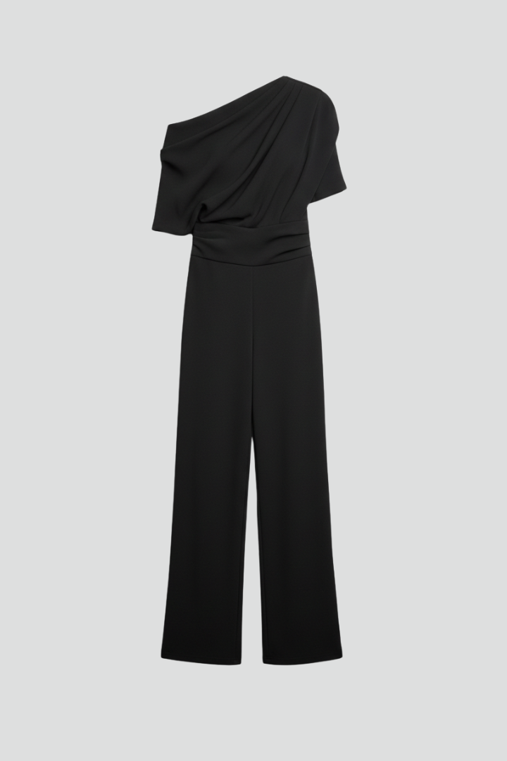 Women's asymmetric neckline wide leg jumpsuit, perfect for elegant day to night wear.