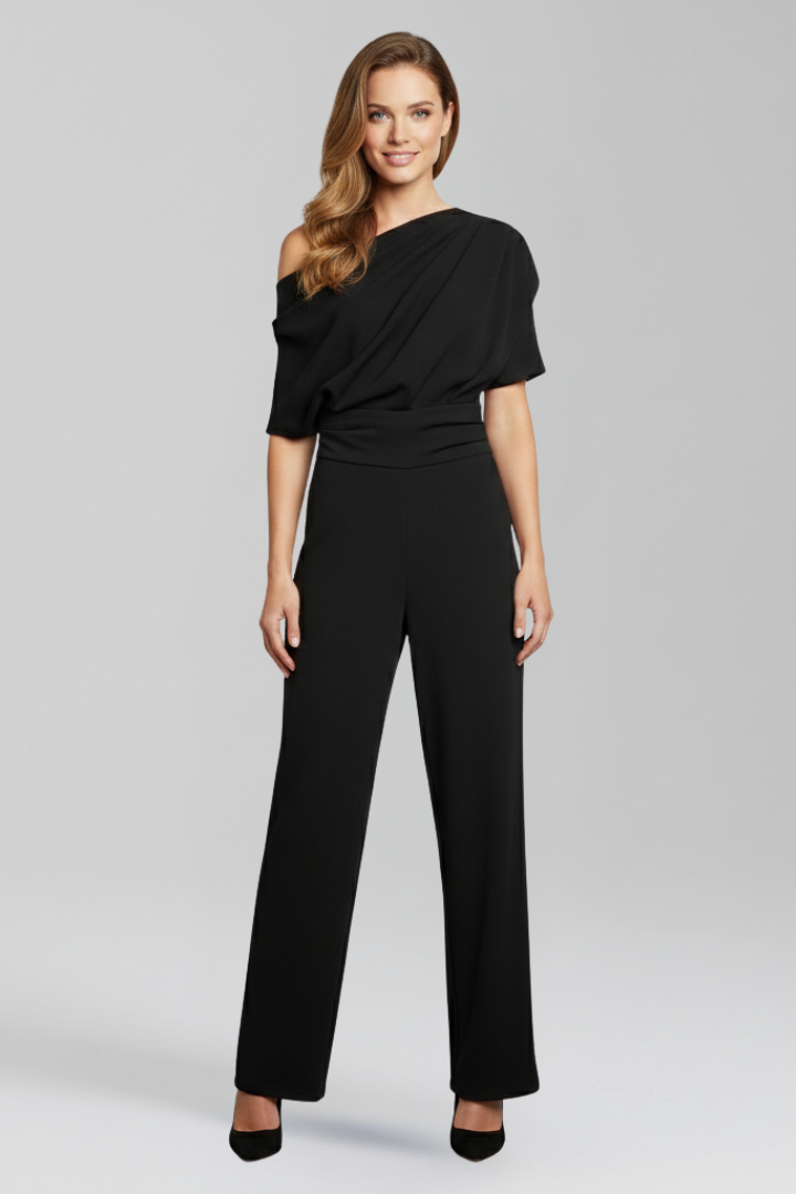 Chic women's wide leg jumpsuit with an asymmetric neckline for modern, comfortable fashion.