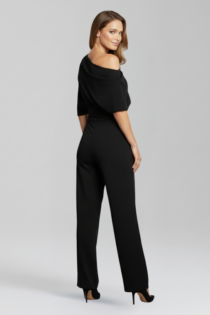 Versatile women's asymmetric neckline wide leg jumpsuit; ideal for elegant evening or day wear.
