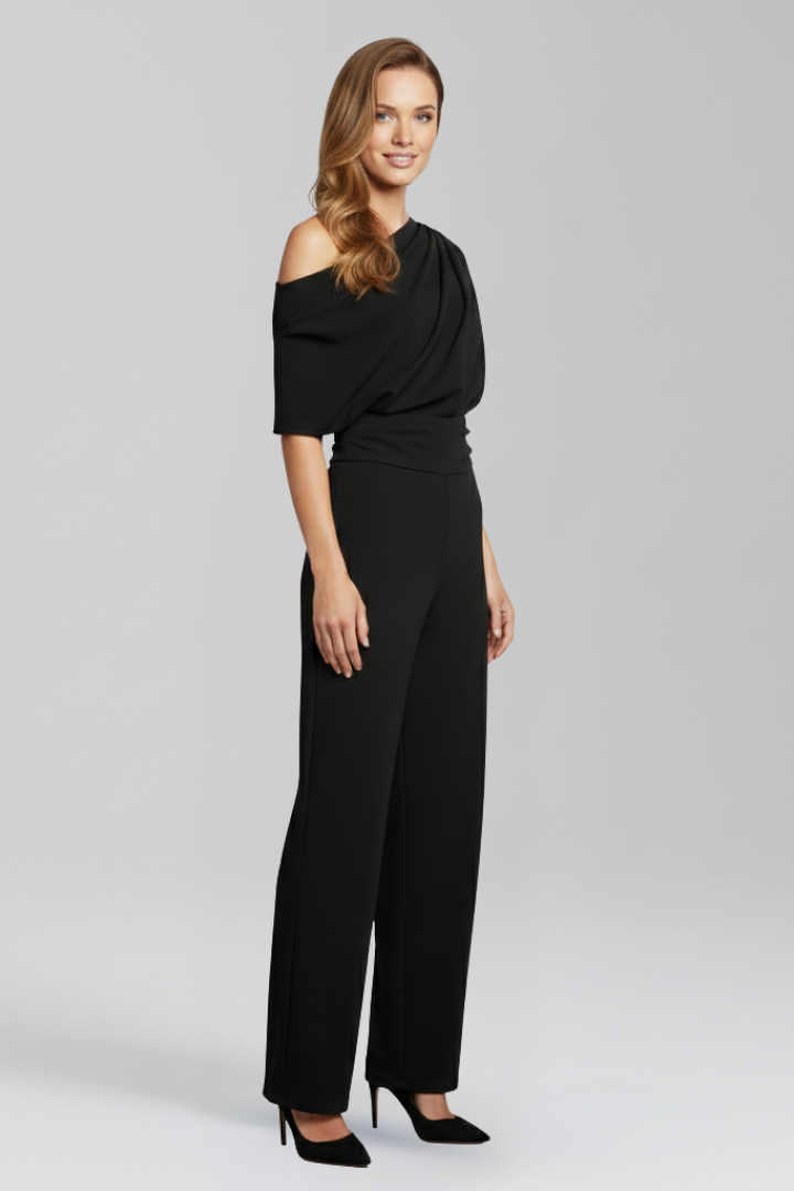 Elegant women's jumpsuit featuring a stylish asymmetric neckline and comfortable wide leg fit.