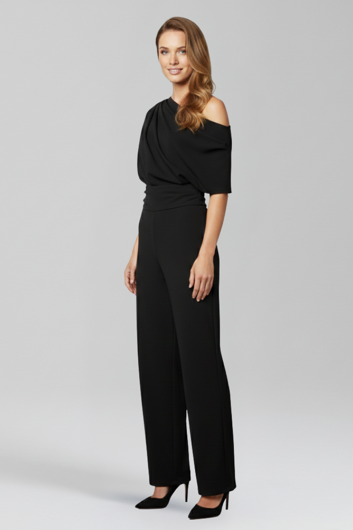 Modern women's wide leg jumpsuit with a unique asymmetric neckline for chic, contemporary style.