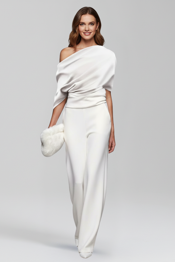 Women's long sleeve asymmetric neckline wide leg jumpsuit, a versatile piece for chic events.