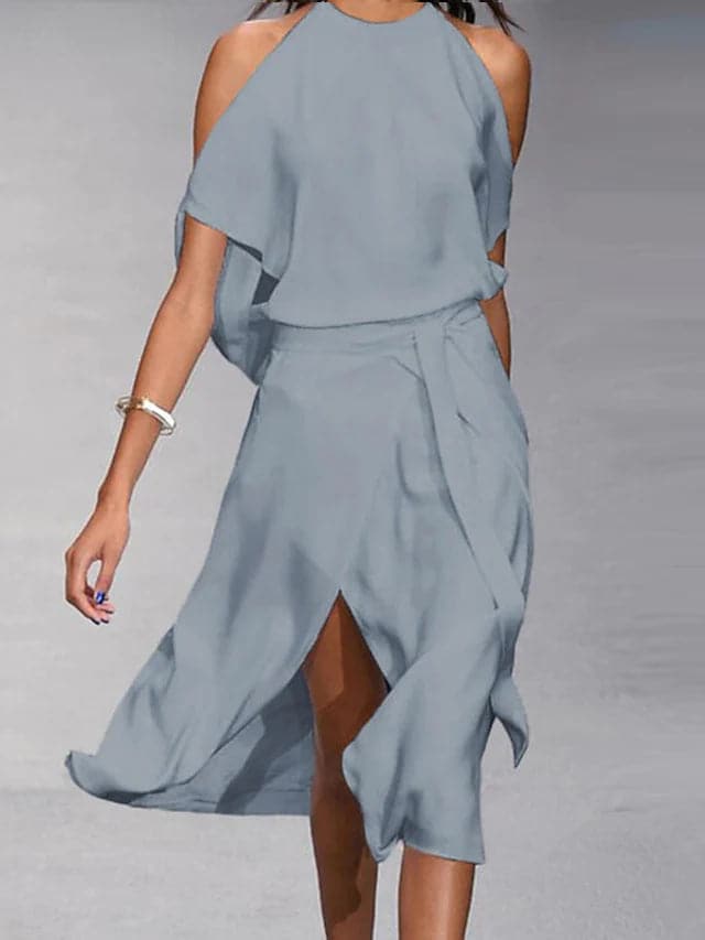 Women's asymmetrical draped midi dress with short sleeves. Elegant and modern style for spring/summer events.