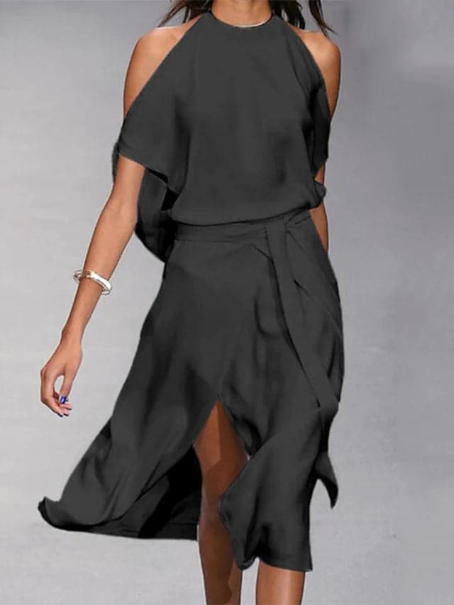 Flowy asymmetrical draped midi dress for women, perfect for a chic party or vacation wear. Short sleeve design.