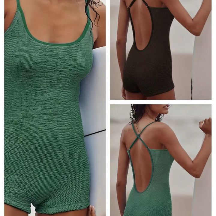 Women's athletic ribbed tank monokini swimsuit, one-piece for beach sports and aquatic activewear.