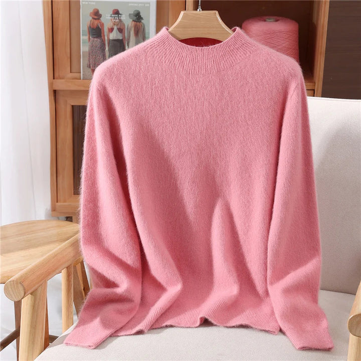 Aurielle women's ultra soft pullover sweater, featuring a cozy mock neck & relaxed fit. Perfect for winter comfort.
