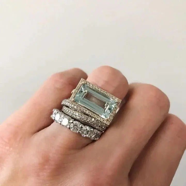 Women's Azure stackable statement ring set with turquoise & crystal, silver-plated. Elegant fashion jewelry.