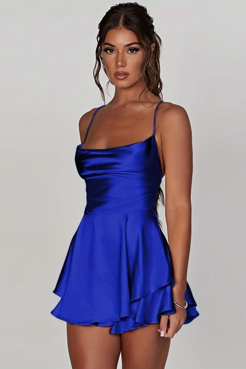 Flattering backless halter mini dress for formal events.