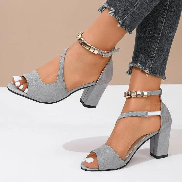 Full view of elegant women's beaded ankle strap block heel sandals, ideal for weddings.