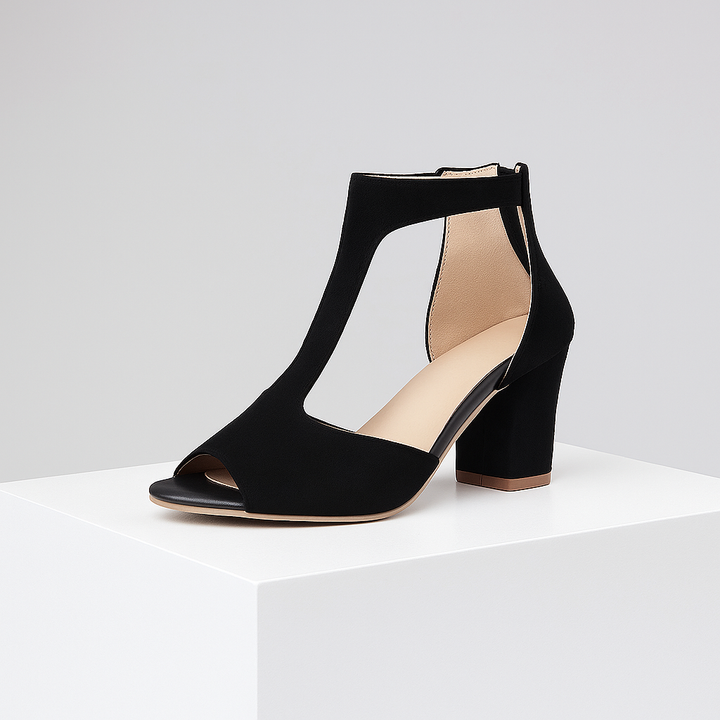 Women's beige textured block heel sandals, orthopedic, t-strap, open-toe for evening wear