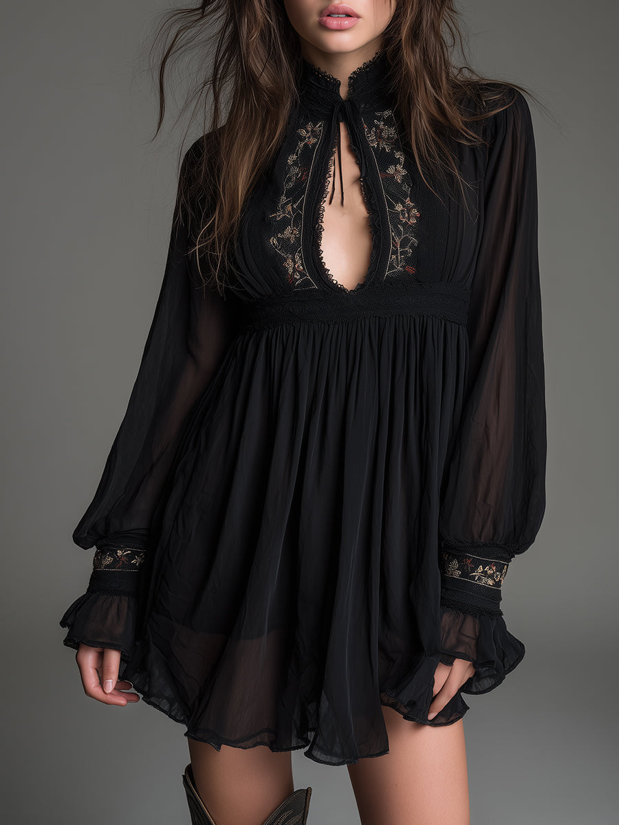 Women's black babydoll mini dress with keyhole neckline and stylish balloon sleeves, perfect for parties.