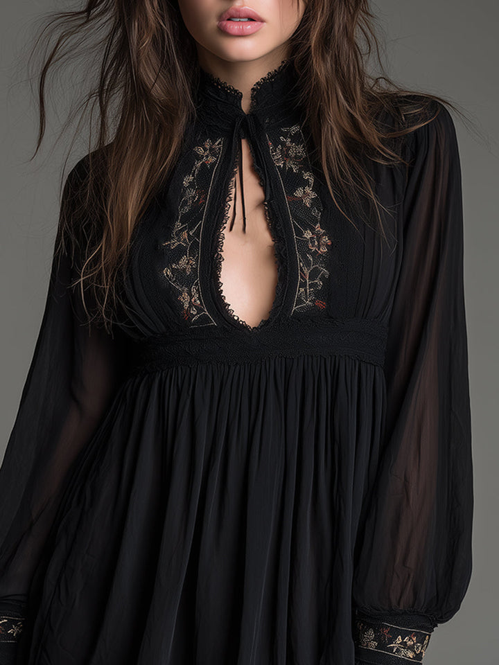 Chic women's black babydoll mini dress featuring a keyhole detail & romantic balloon sleeves, ideal for date night.