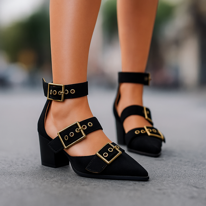 Stylish women's block heels with an ankle buckle closure & textured finish