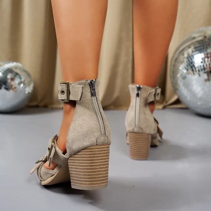 Textured women's block heels with a sturdy block heel and stylish buckle