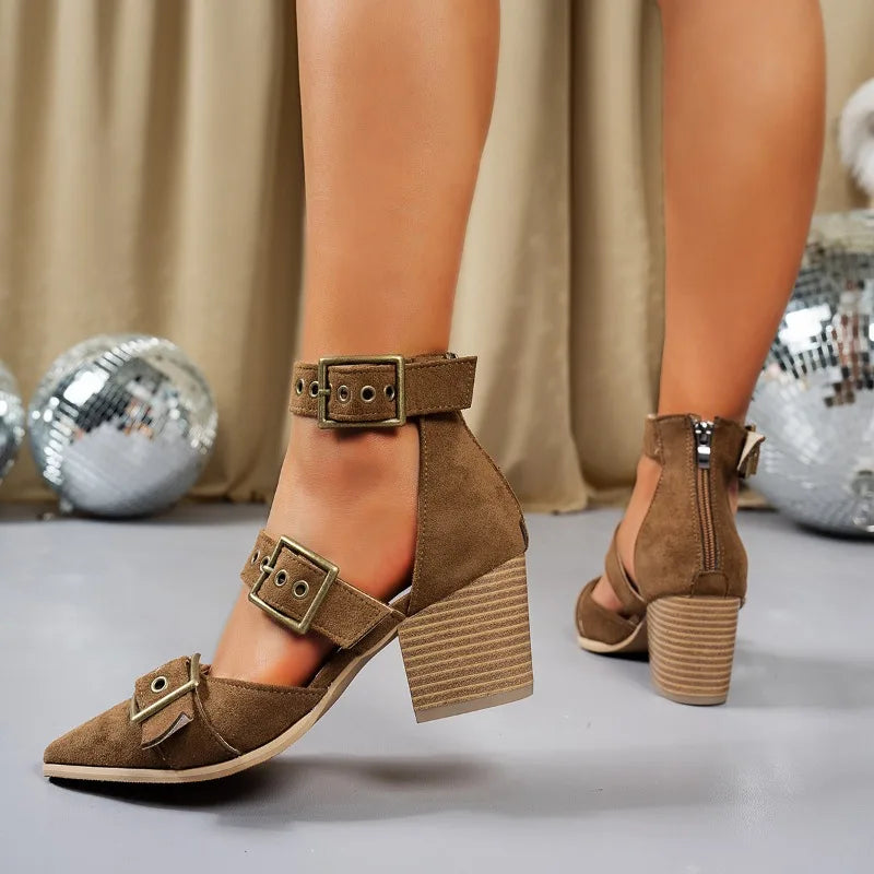 Women's party heels, black with a buckle strap & comfortable block heel