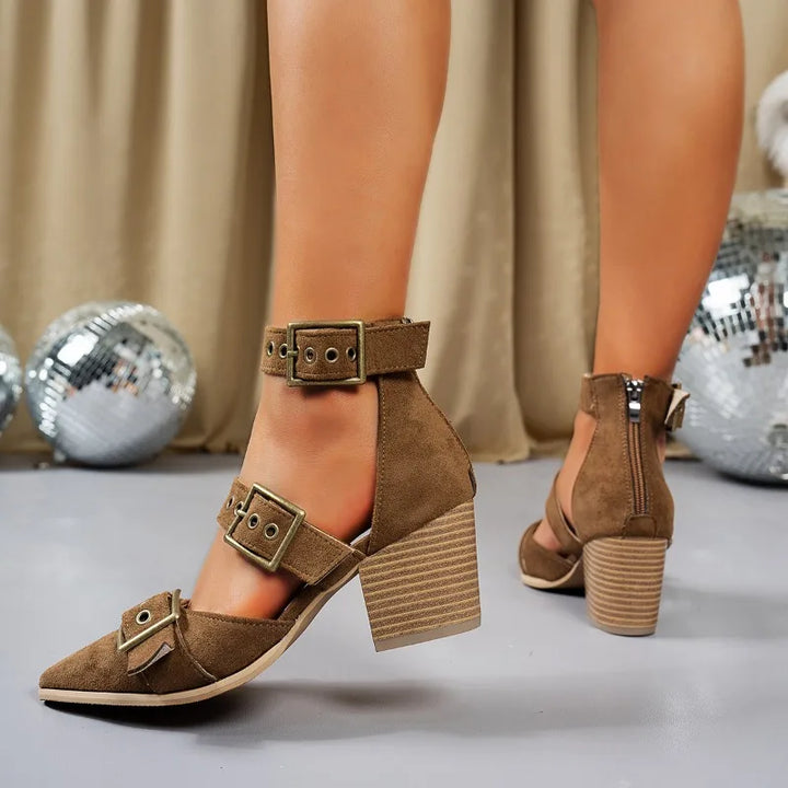 Women's party heels, black with a buckle strap & comfortable block heel