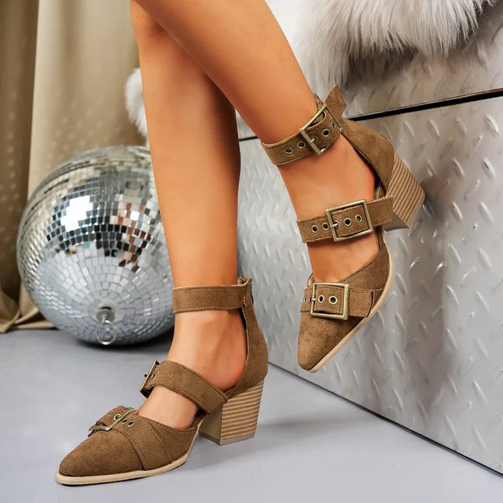Versatile black block heels for women, featuring a prominent buckle detail