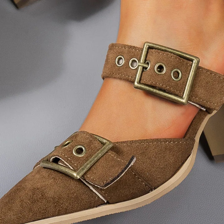 Fashionable women's buckle block heels, ideal for both casual & formal outfits