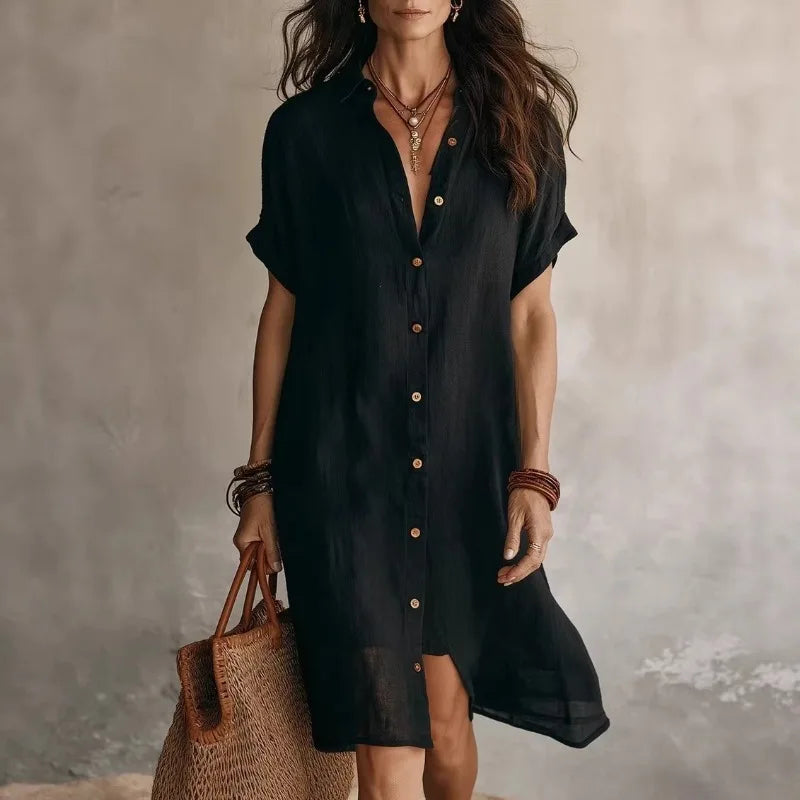 Women's black button-front midi dress, short sleeves, perfect for casual summer fashion & everyday style.
