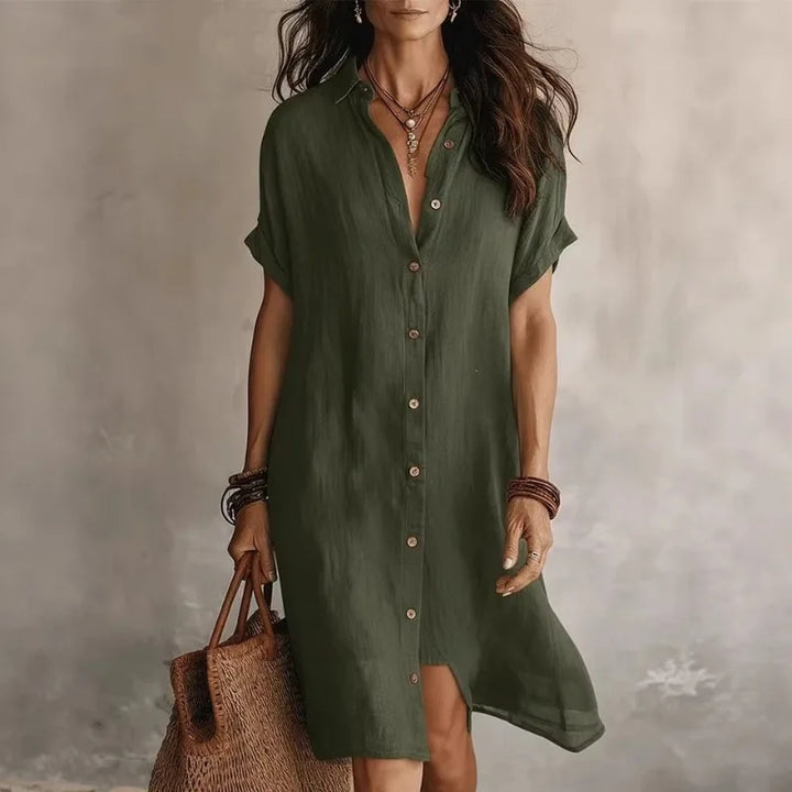 Versatile green button-front midi dress for women, with short sleeves, ideal for relaxed casual wear.