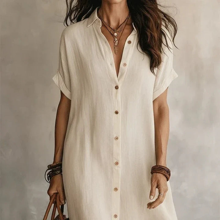 Stylish white button-front midi dress for women, short sleeves, great for versatile everyday style.