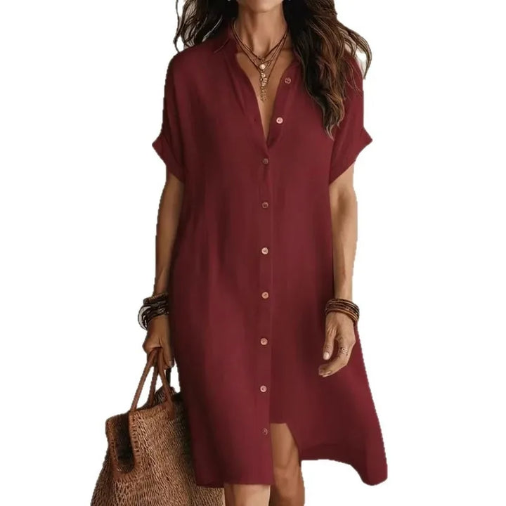 Burgundy women's midi dress with a full button-front & short sleeves, a chic choice for casual fashion.