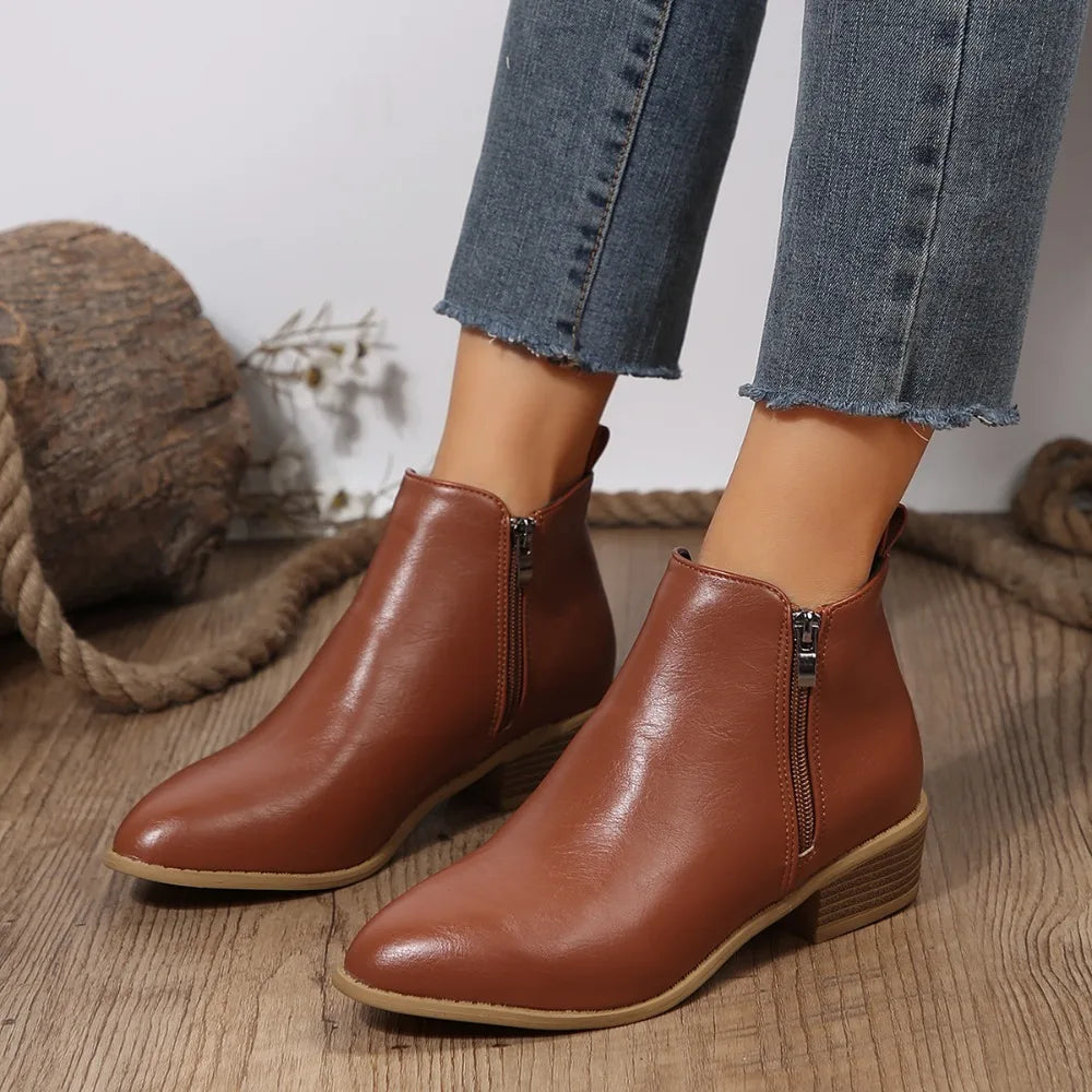 Brown women's ankle boots, casual design with convenient side zip, perfect for everyday fashion