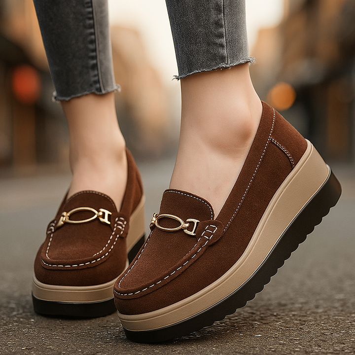 Brown comfort platform loafers for women, featuring a slip-on design and cushioned sole