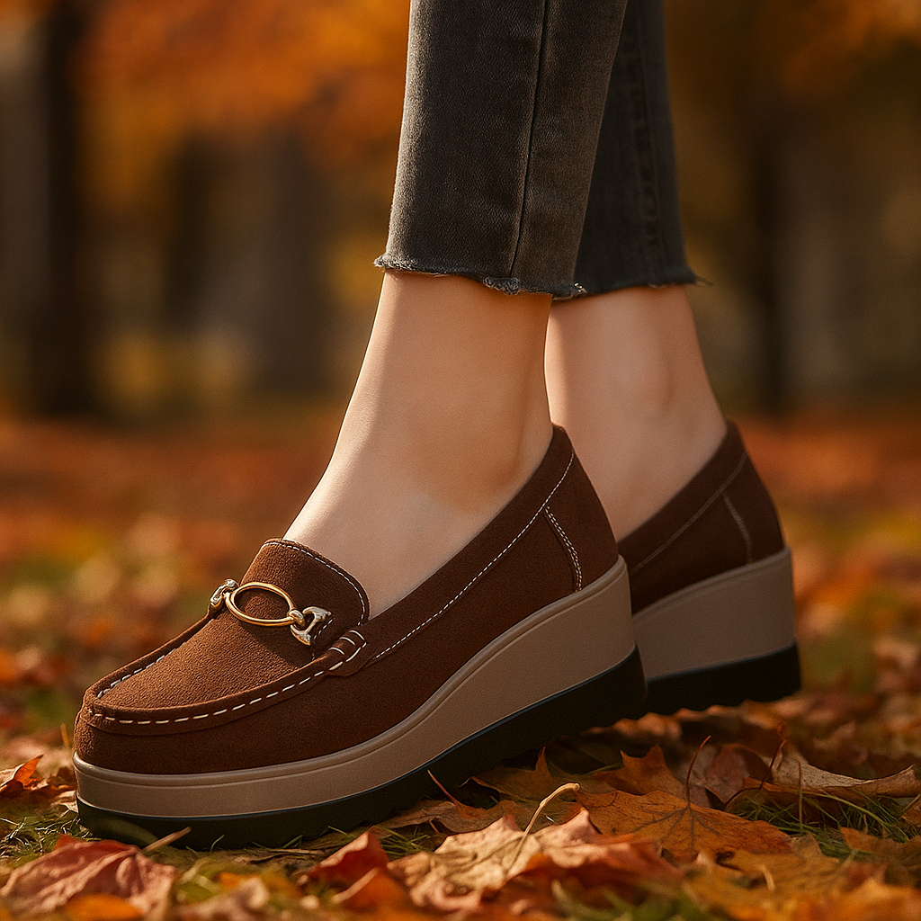 Close-up of a women's brown platform loafer, highlighting the soft leather and thick sole