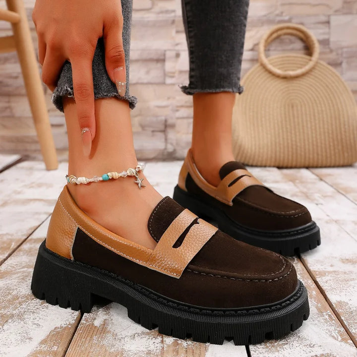 Side view of women's comfort platform loafers in brown, showcasing platform sole