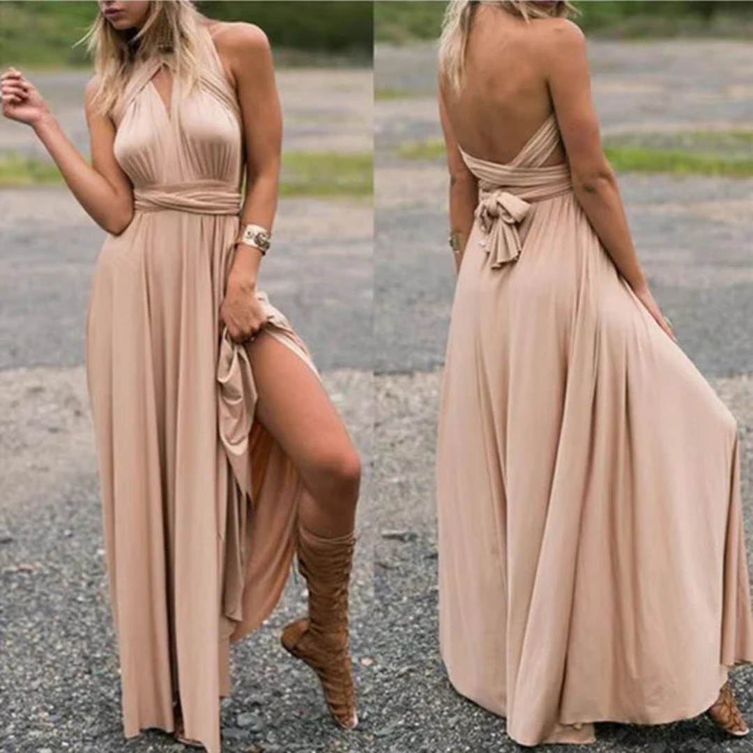 Versatile women's long backless maxi dress, perfect for vacation, beach, or formal events.