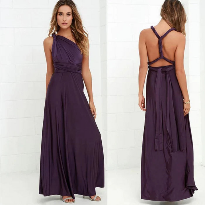 Chic women's convertible maxi dress with open back, ideal for cocktail parties & special occasions.