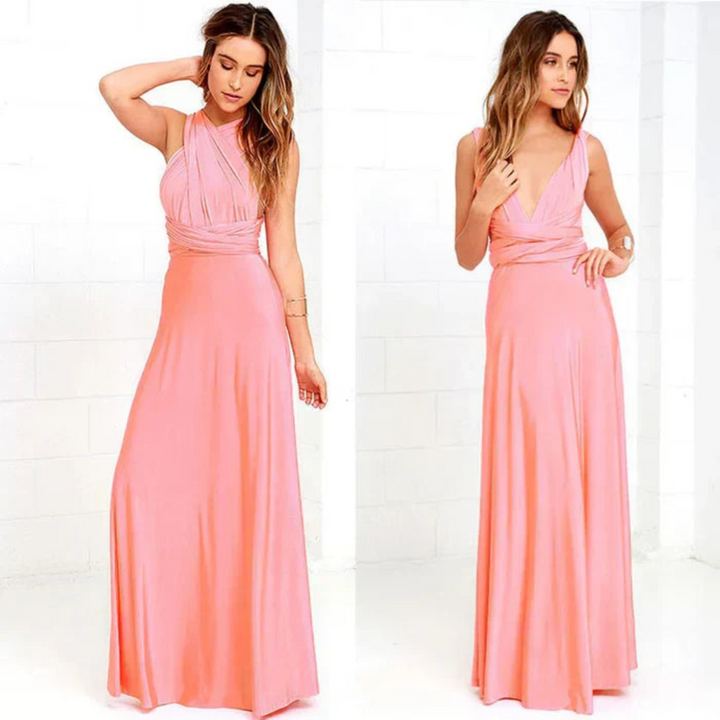 Beautiful women's backless formal maxi dress, easily styled for bridesmaids or guest attire.