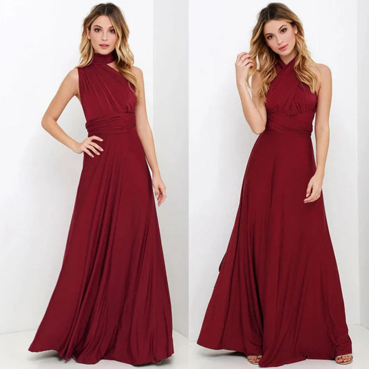 Flowy women's versatile maxi dress with convertible straps, ideal for tropical holidays.