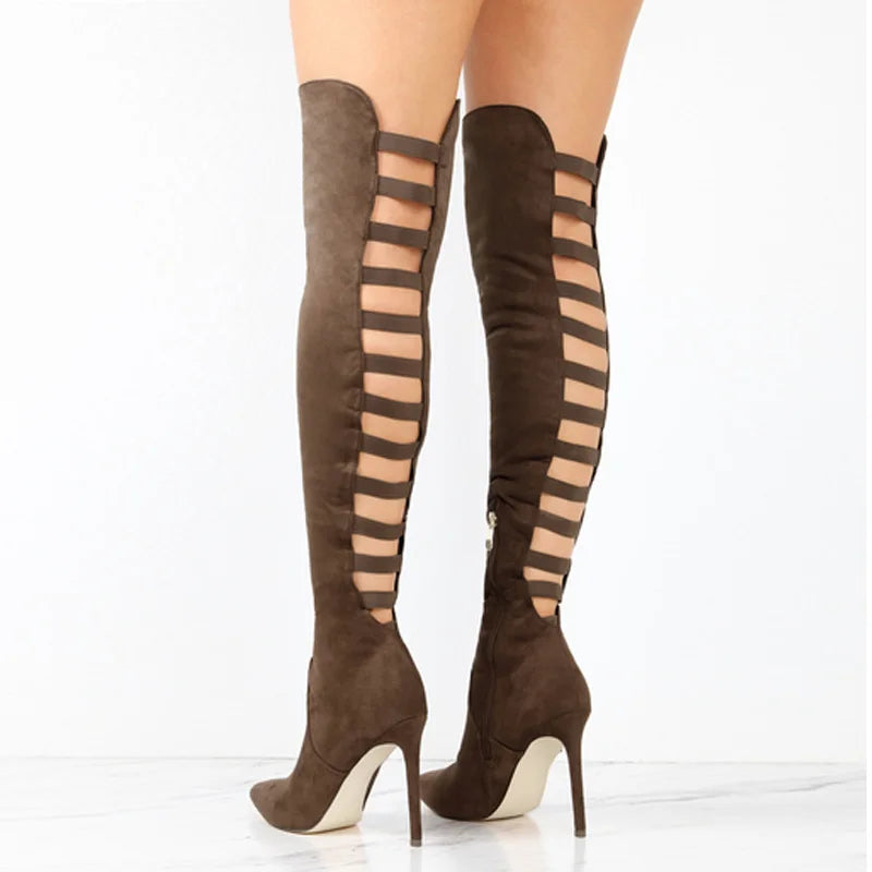 Stylish women's tall suede-like boots with cutout design and high heel