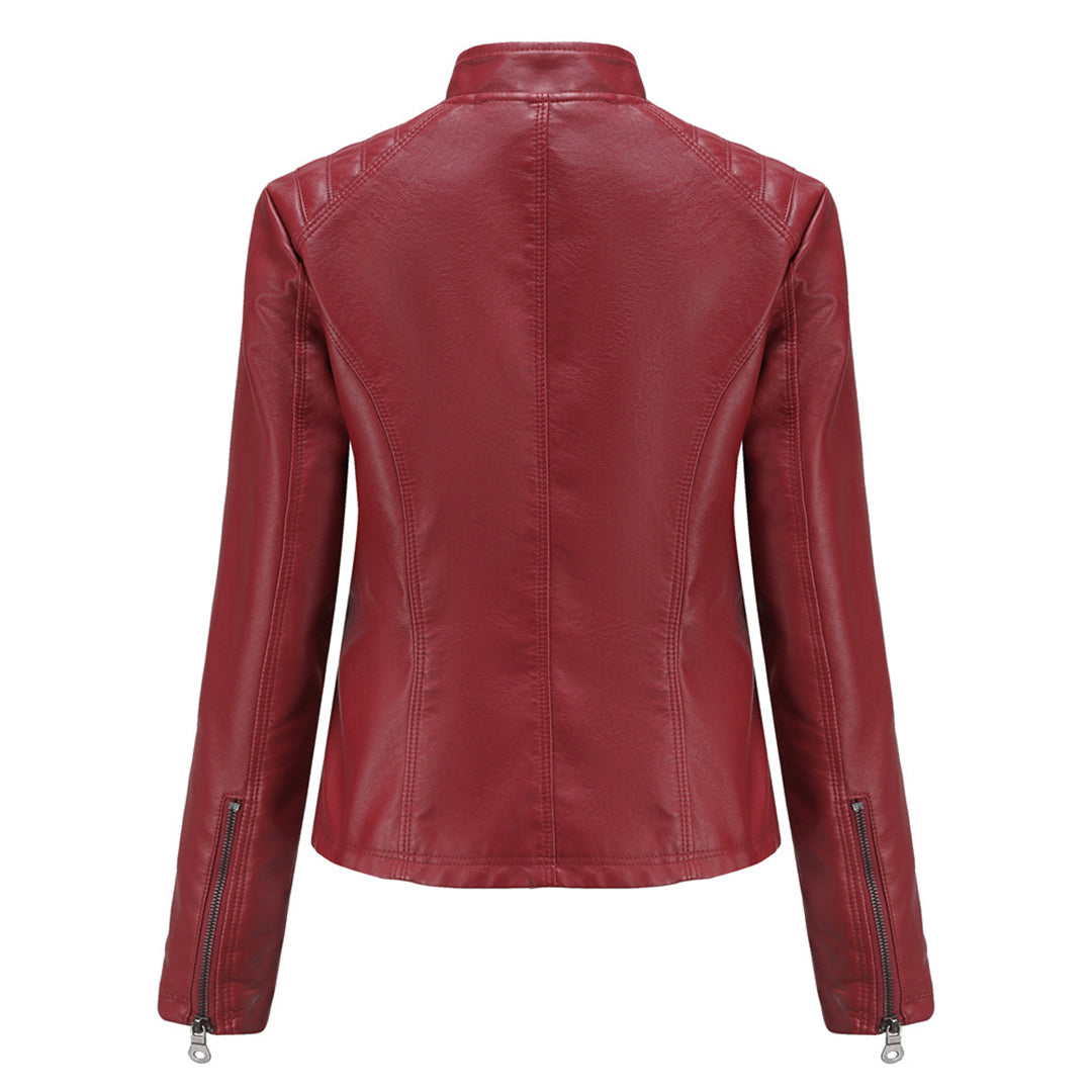 Fashionable women's zip-up faux leather jacket in black, perfect outerwear for a versatile look.