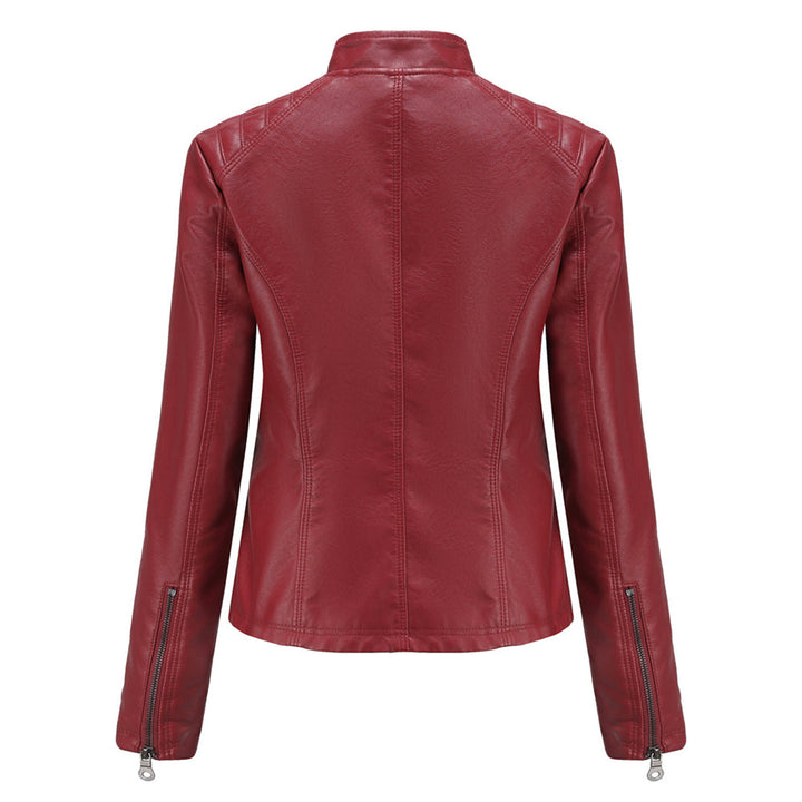 Fashionable women's zip-up faux leather jacket in black, perfect outerwear for a versatile look.