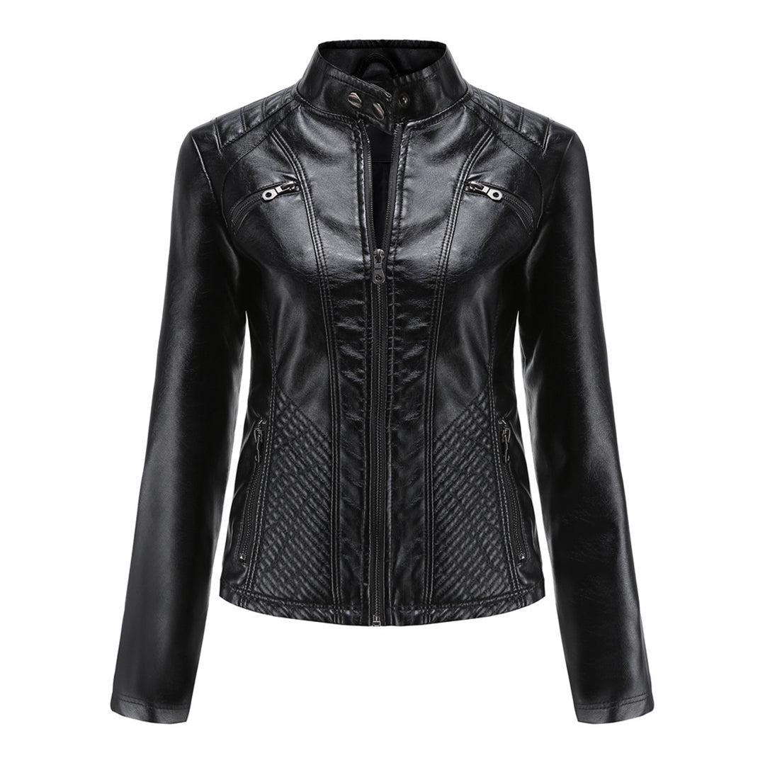 Edgy women's biker jacket in black faux leather, featuring a prominent zip-up and quilted accents.
