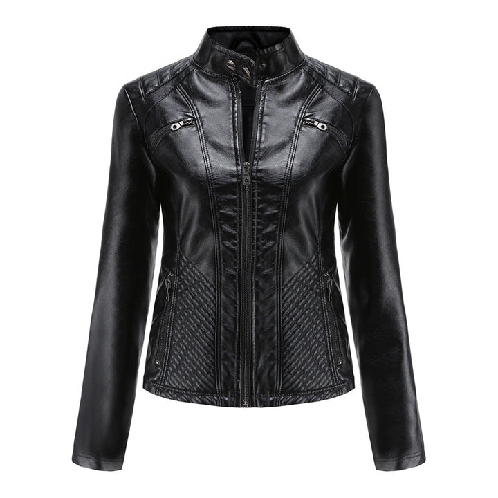 Edgy women's biker jacket in black faux leather, featuring a prominent zip-up and quilted accents.