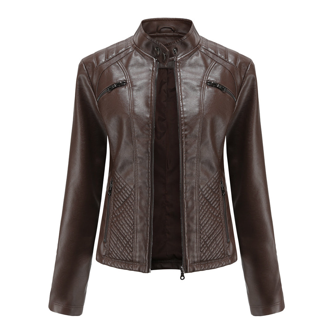 Close-up of a women's faux leather biker jacket, showcasing the silver zip and quilted shoulder detail.