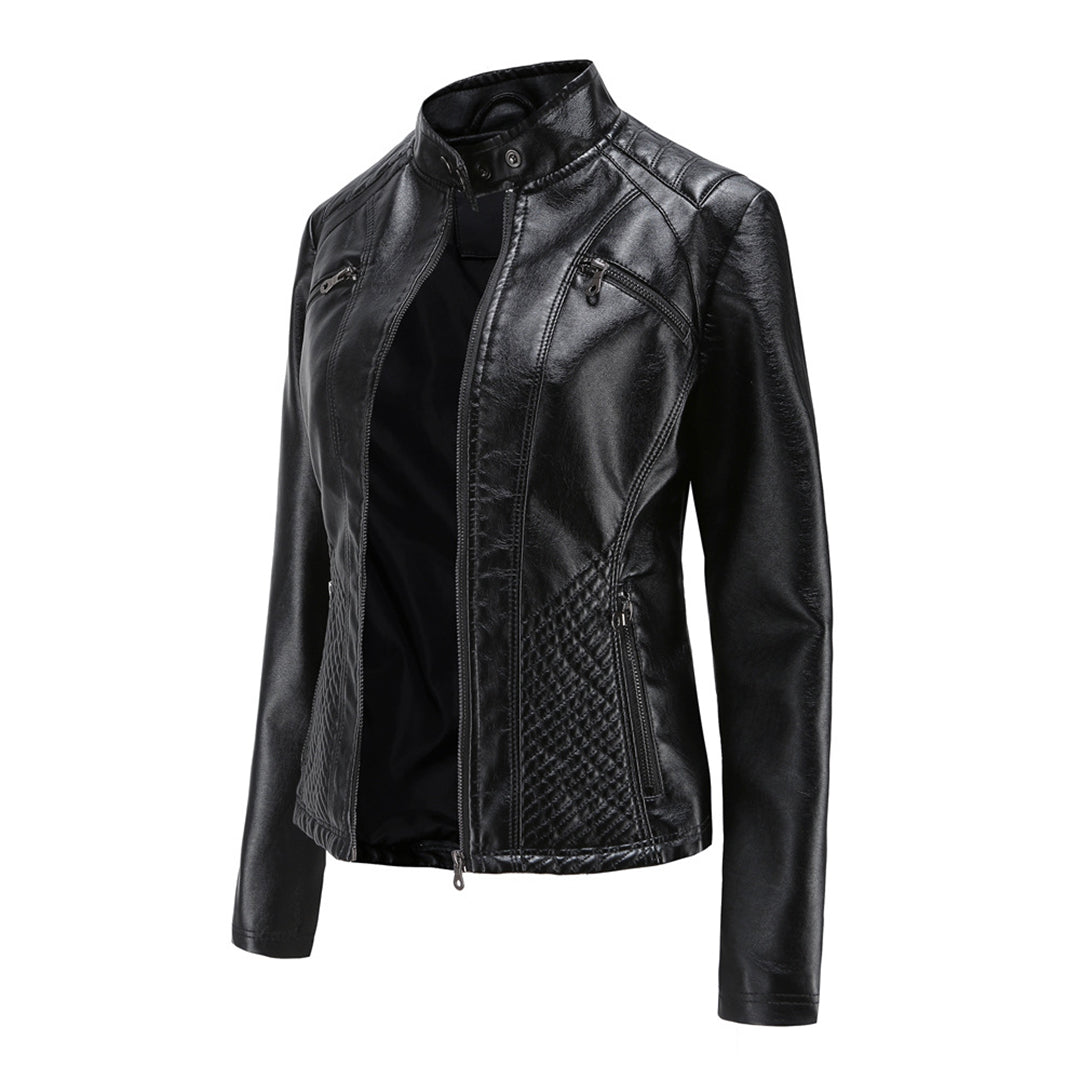Women's fashion jacket: a durable faux leather zip-up in black, featuring quilted panels for texture.
