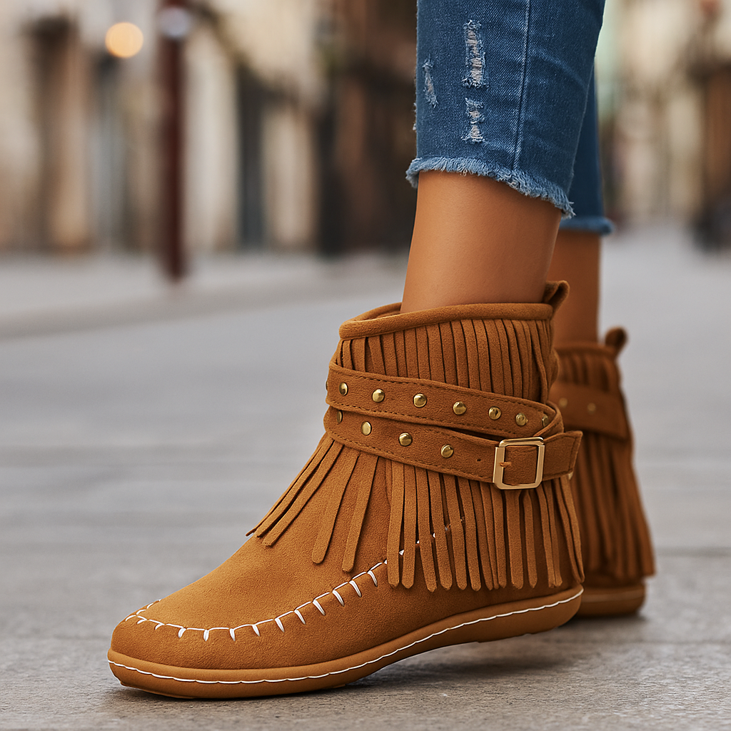 Women's black fringe ankle boots with studded buckle, boho chic style