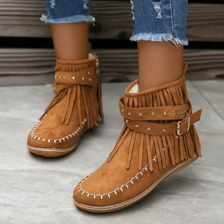 Stylish women's black fringe ankle boots, studded buckle and comfortable fit