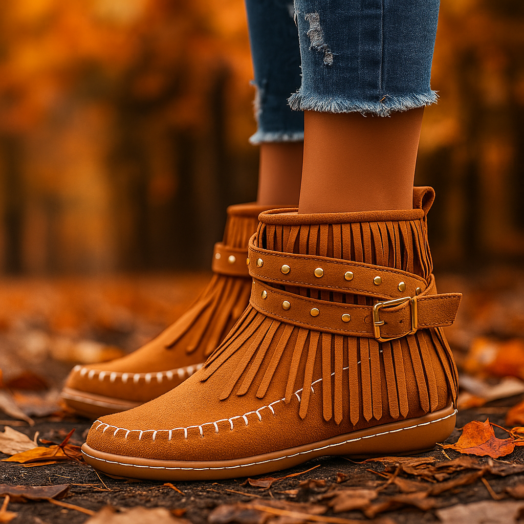 Side view of women's fringe ankle boots with studded embellishments, comfortable design